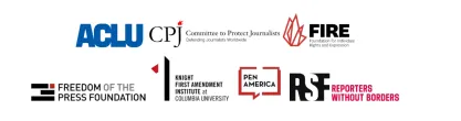 Logos of major civil liberties organizations in the United States, including ACLU, FIRE, Knight First Amendment Institute at Columbia University, and Freedom of the Press Foundation.